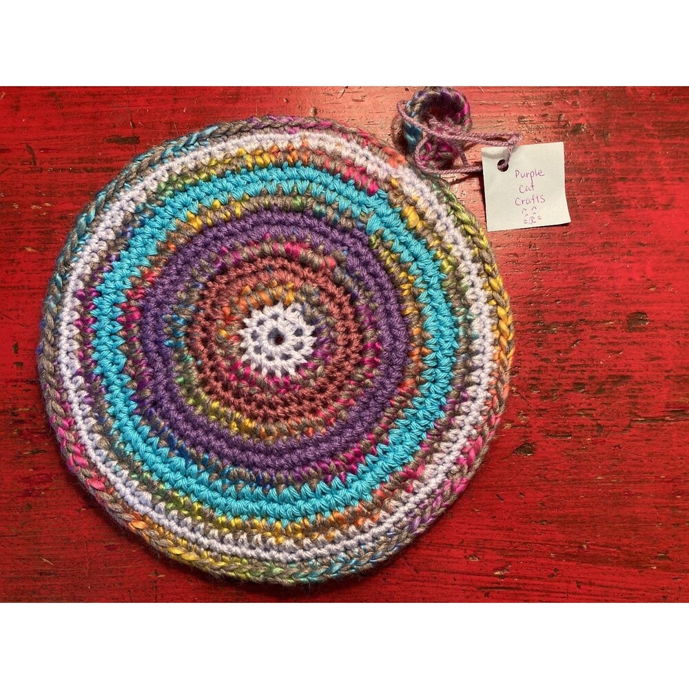 PURPLE CAT CRAFTS Handmade Crocheted Trivet Potholder Colorful Round Hot Pad